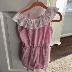 Janie and Jack Pink Seersucker Romper with Eyelet Collar